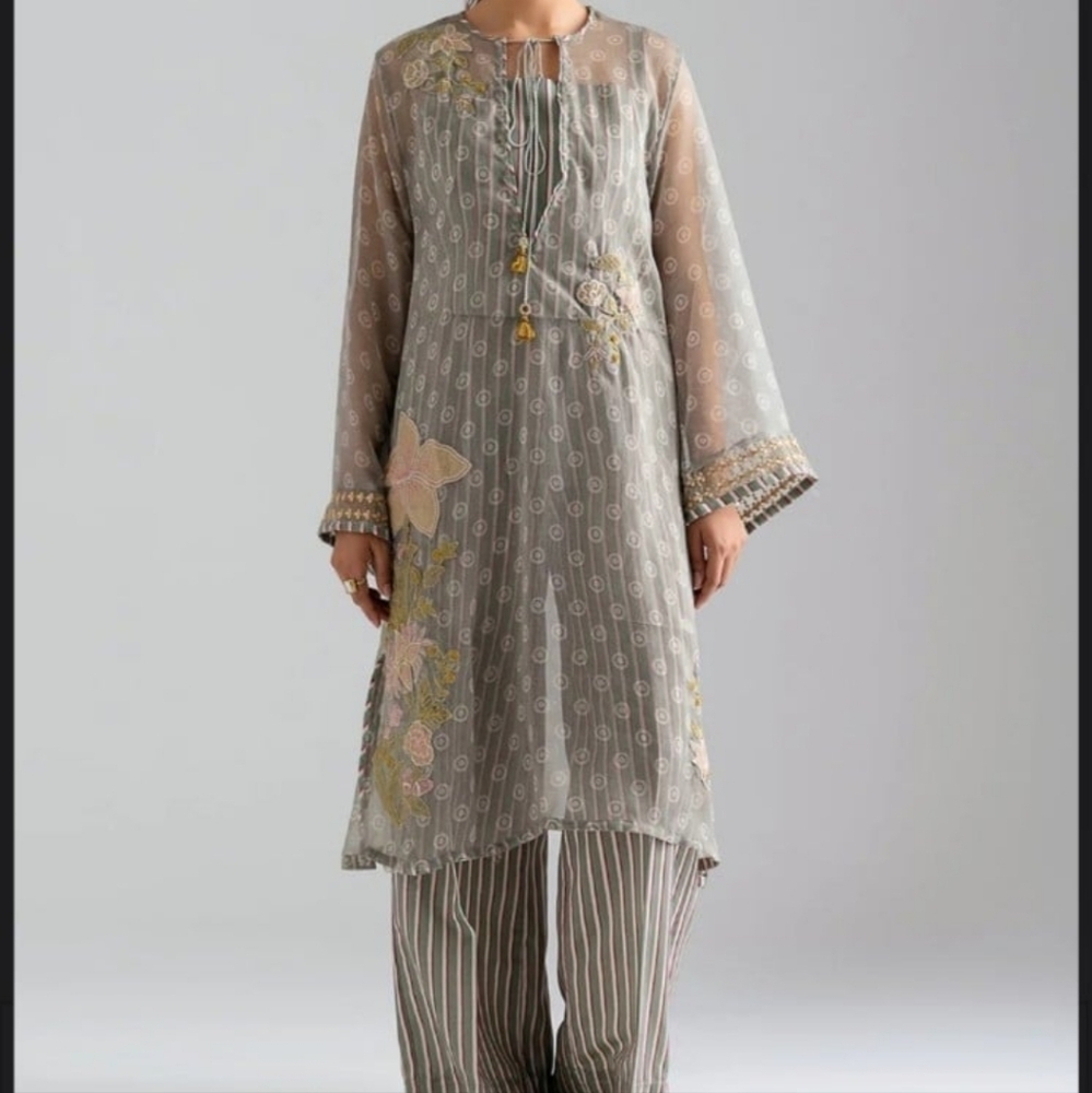 ETHNC Womens Dress Kurta Tunic Longline With Pant Sage Green Embroidere… - Picture 2 of 9